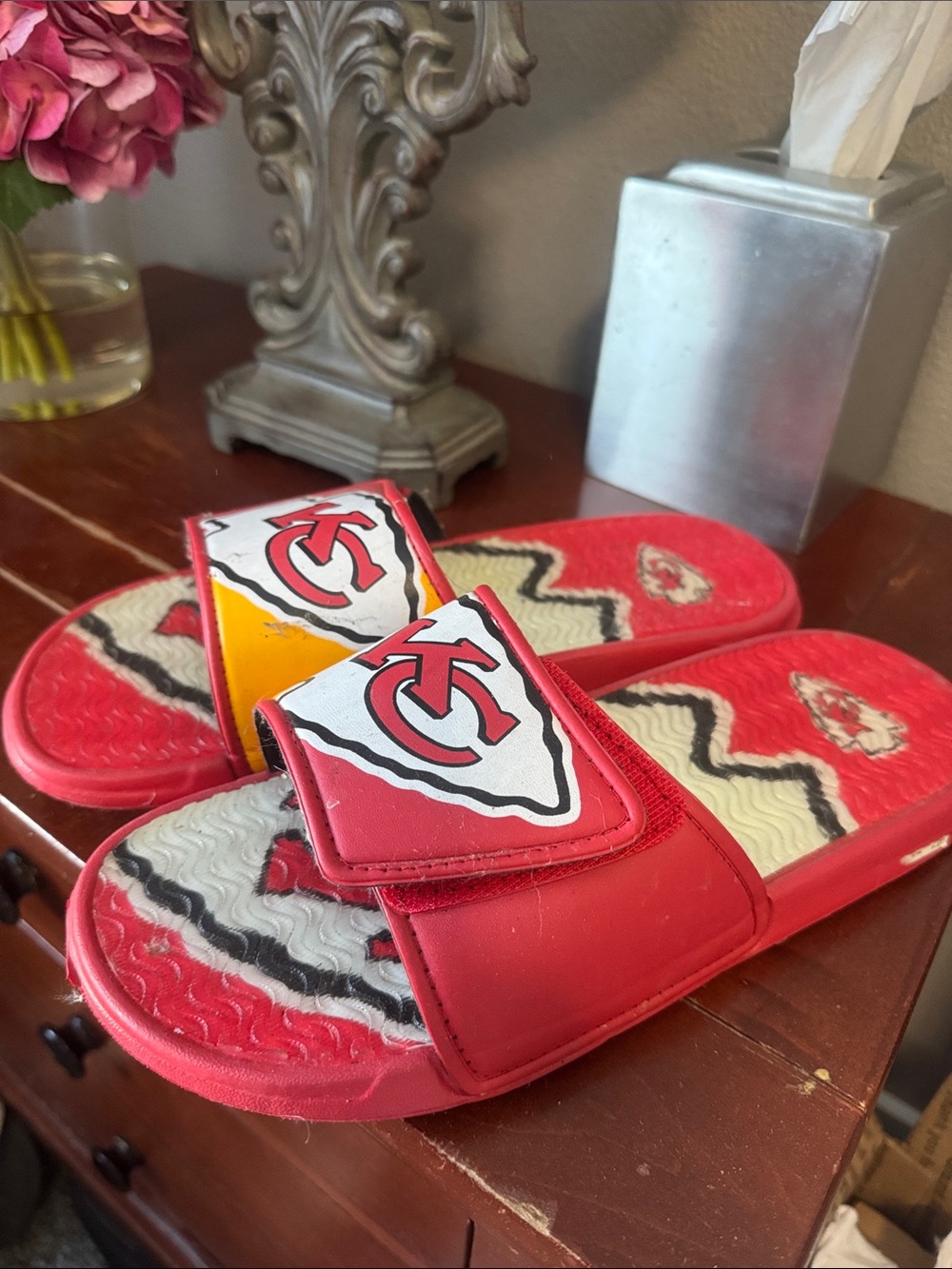 Mens Red Slide Sandals with Team Patch Detail